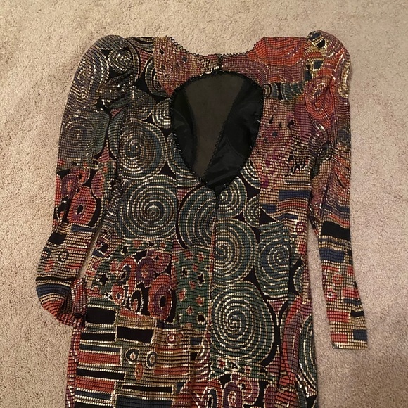 Janine- Designer Vintage Long-Sleeve Multicolored Mosaic Cocktail Midi Dress - Picture 11 of 12